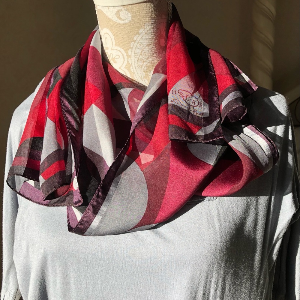 Vintage Oscar de la Renta Red and Plum Purple Silk Scarf
